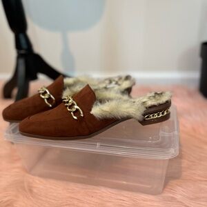 Bechara Embellished Flat. Brown fur lined mule in size 9.5